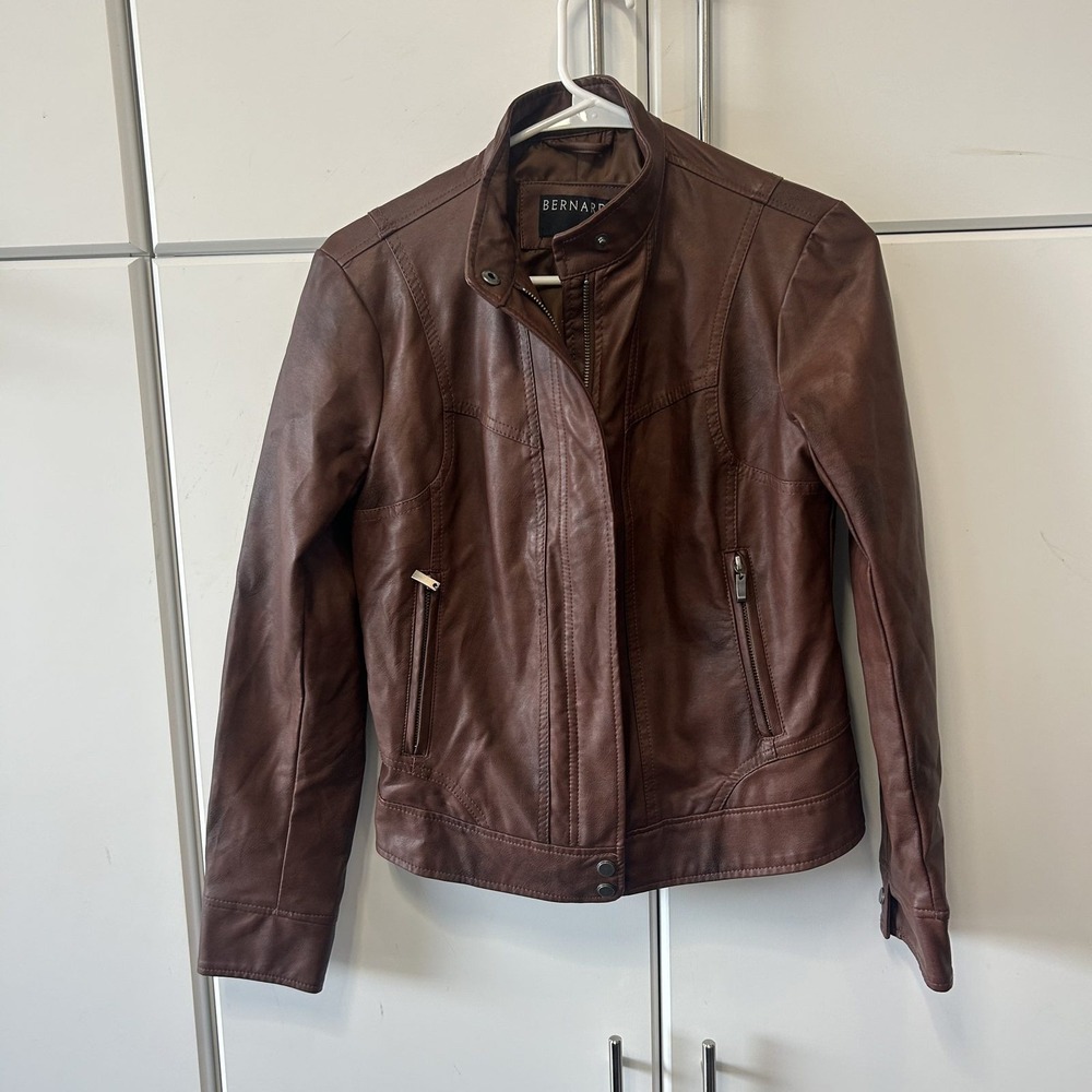 Bernardo Brown Faux Leather Moto Jacket Stand Collar Size S